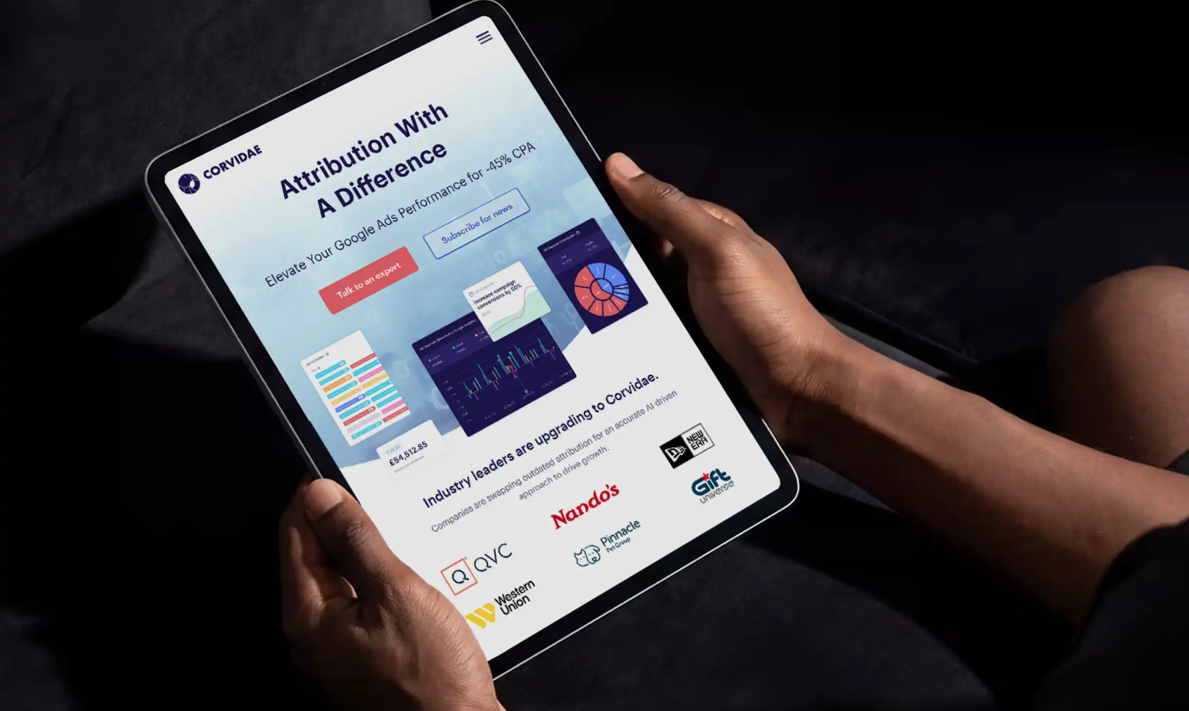 A tablet featuring a screenhot of the Corvidae website