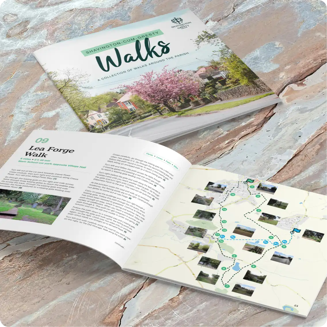 An open copy of the Shavington-cum-Gresty walks booklet with a closed copy on behind