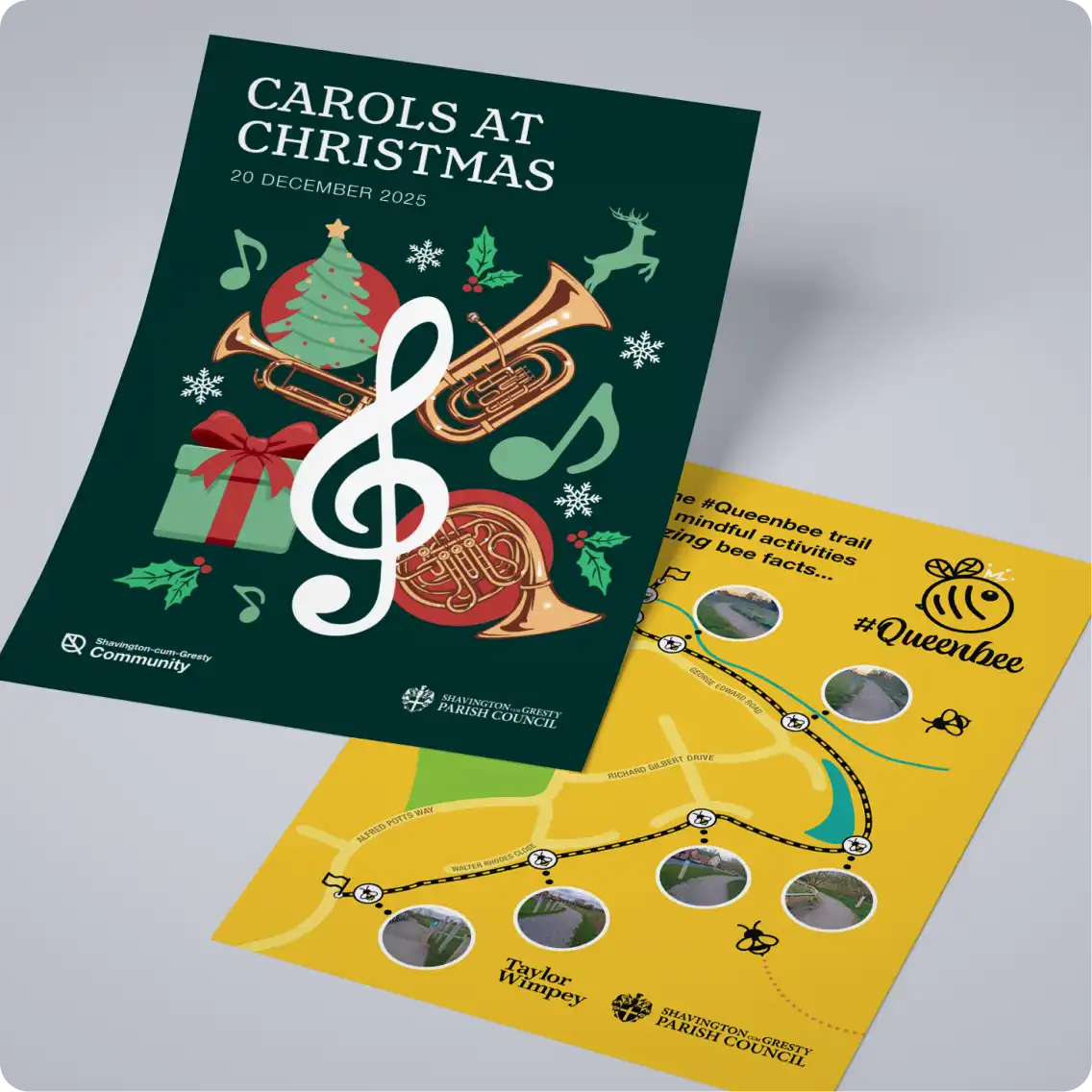 A leaflet about a Carols at Christmas event and trail map for the Queenbee walking patch