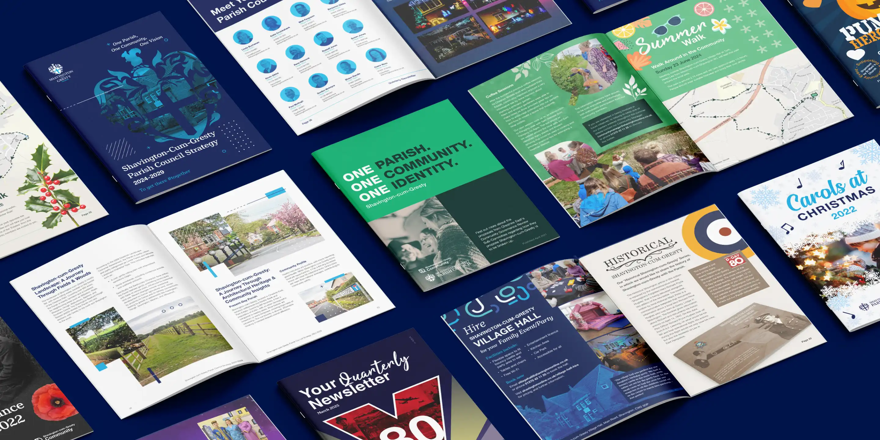 Mutliple open and closed copies of various Shavington booklets and newsletters