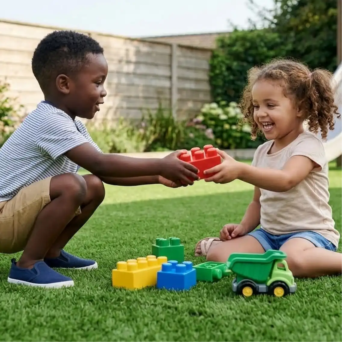 Two children playing on artificial grass